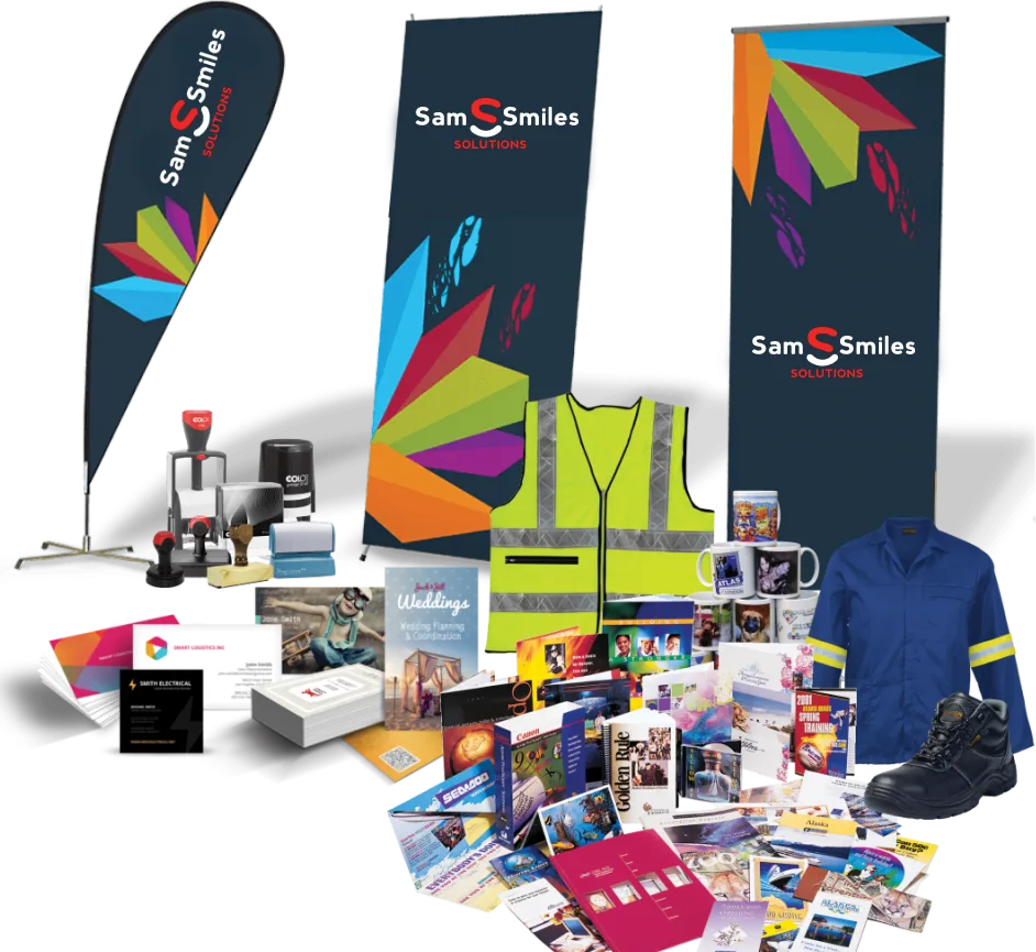 Sam Smiles branded flags, pull-up banners, workwear, stamps and printed material