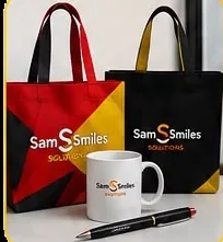 Branded tote bags, a mug and a pen