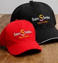 Branded red and black caps