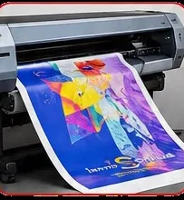 A large-format print coming off the printer